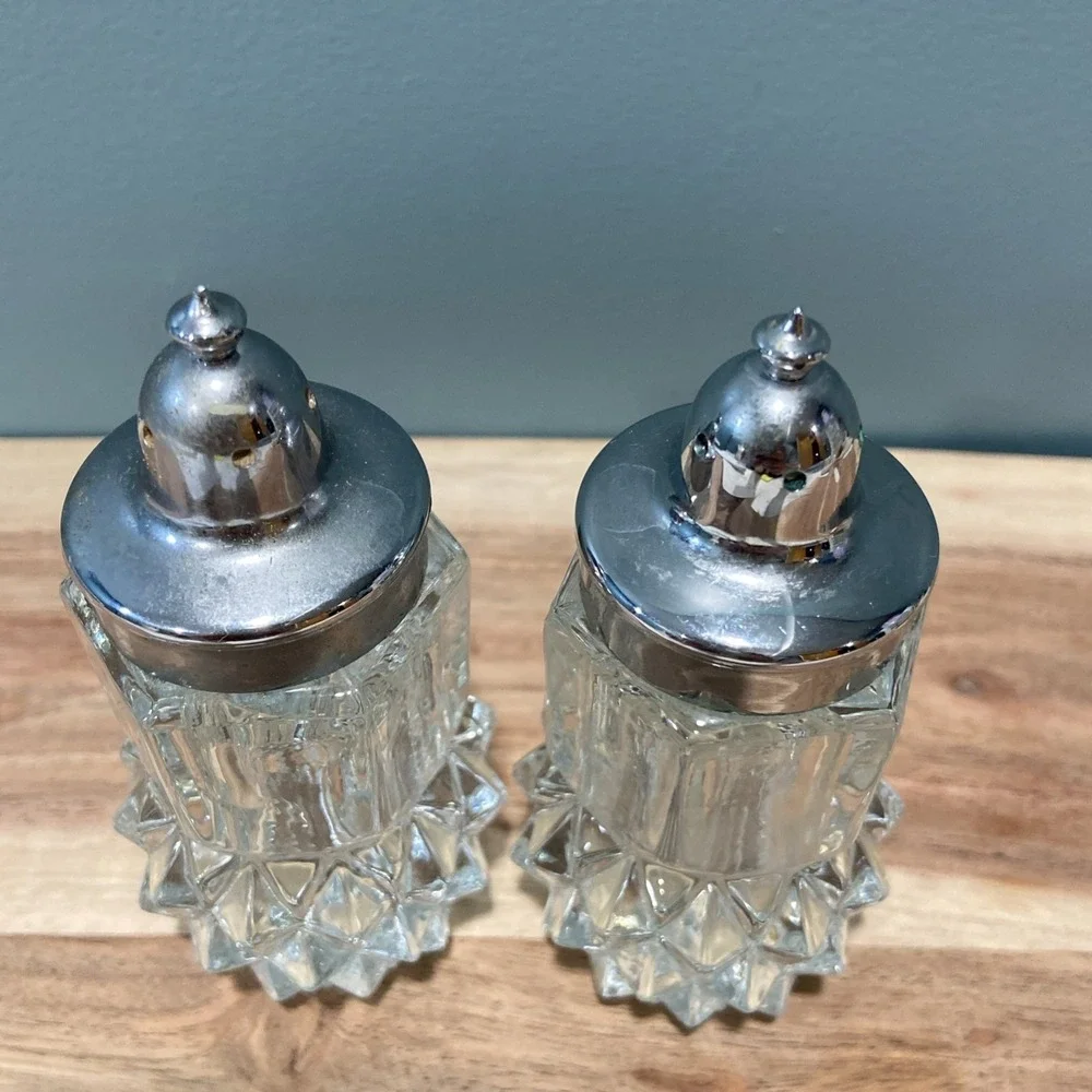 Indiana Glass Diamond Point Chrome Plated Glass Salt & Pepper Shakers 3.75